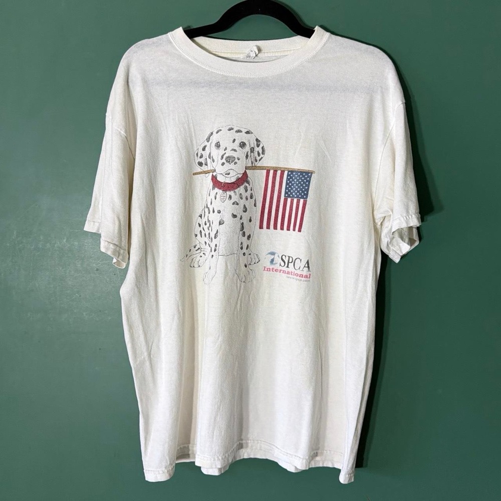 Vintage Anvil SPCA International Dalmatian USA Flag T-Shirt Mens Large White Y2K